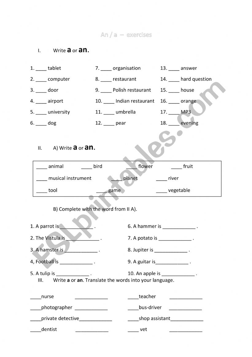 A, AN worksheet