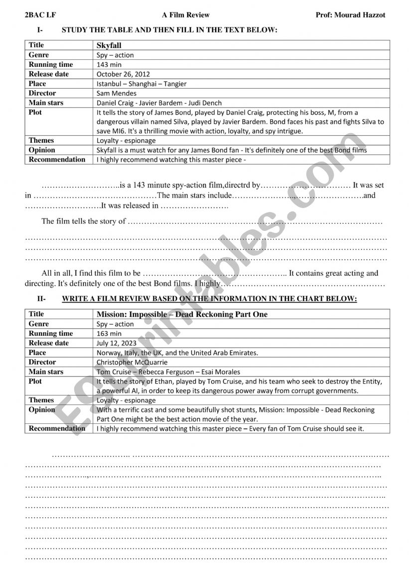 A FILM REVIEW worksheet