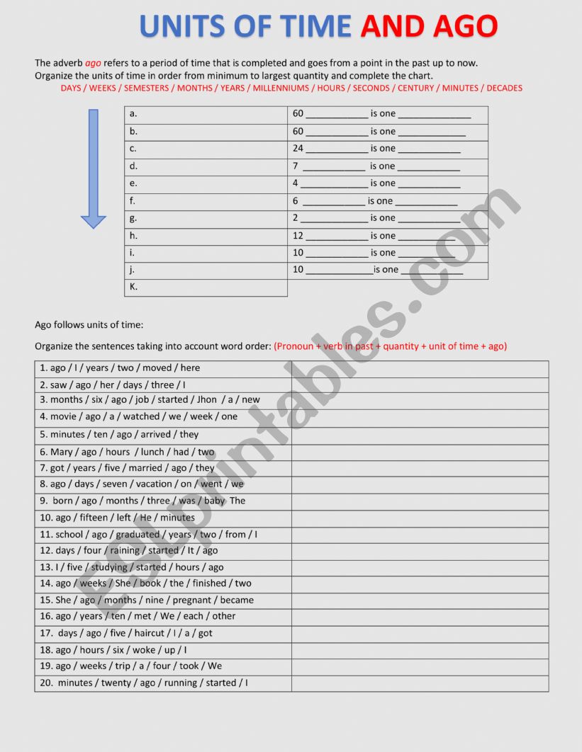 AGO AND UNITS OF TIME WORKSHEET 