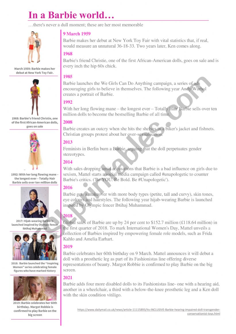 Barbie dolls - a timeline worksheet