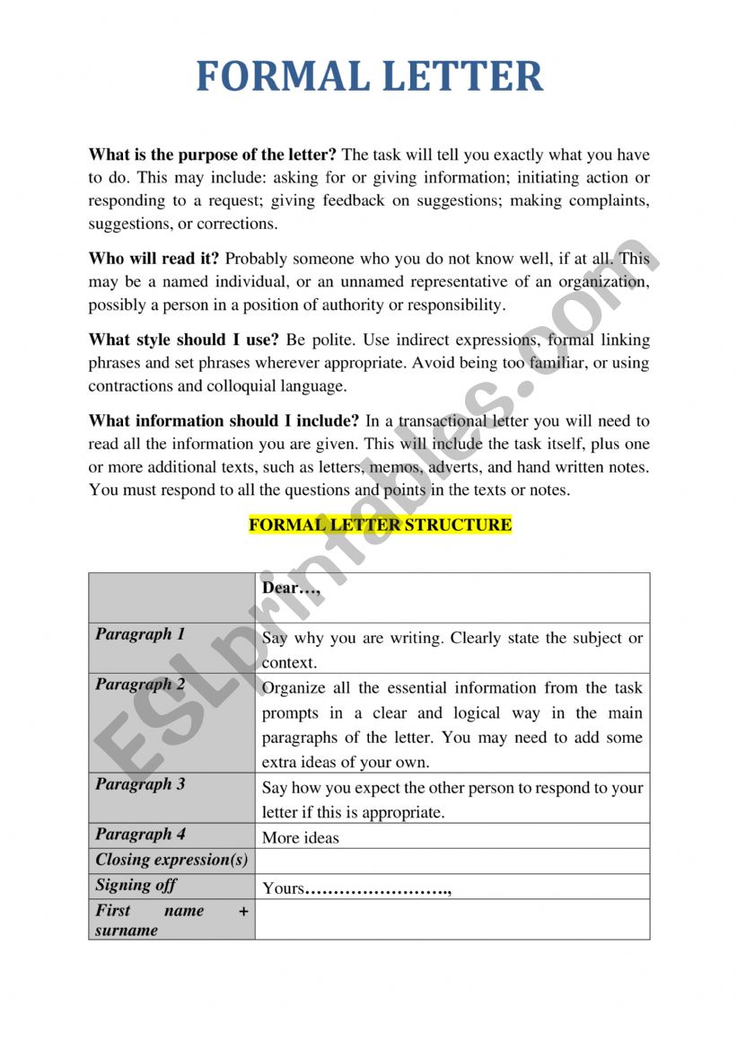 formal letter structure worksheet