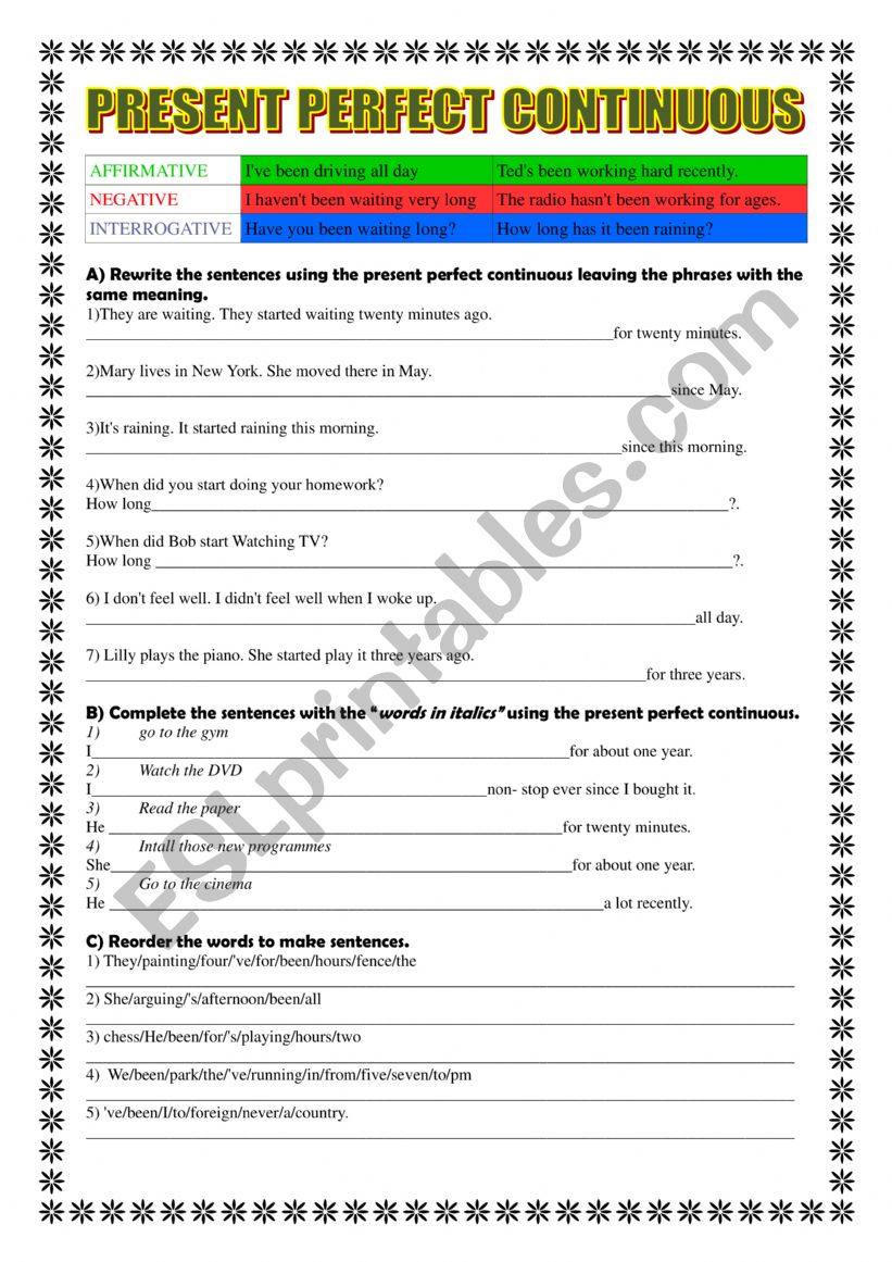 Present Perfect Continuous worksheet