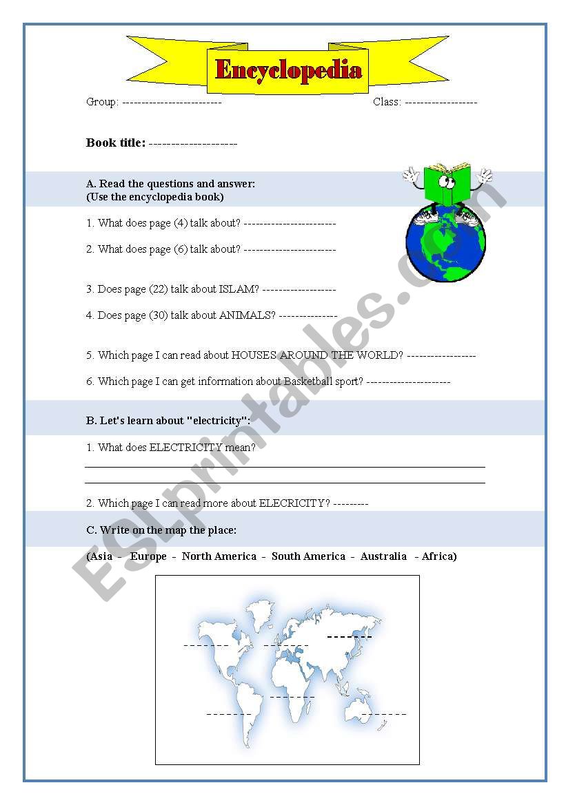 Use Encyclopedia  worksheet