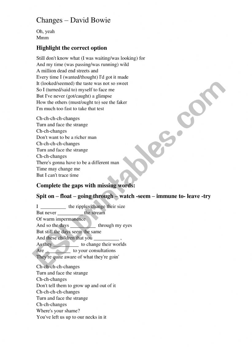 Changes - David Bowie worksheet