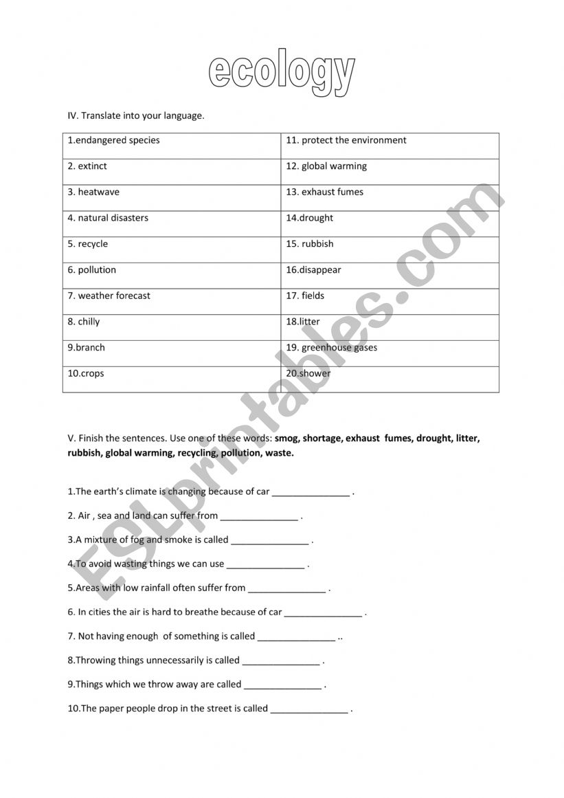 Ecology - vocabulary worksheet