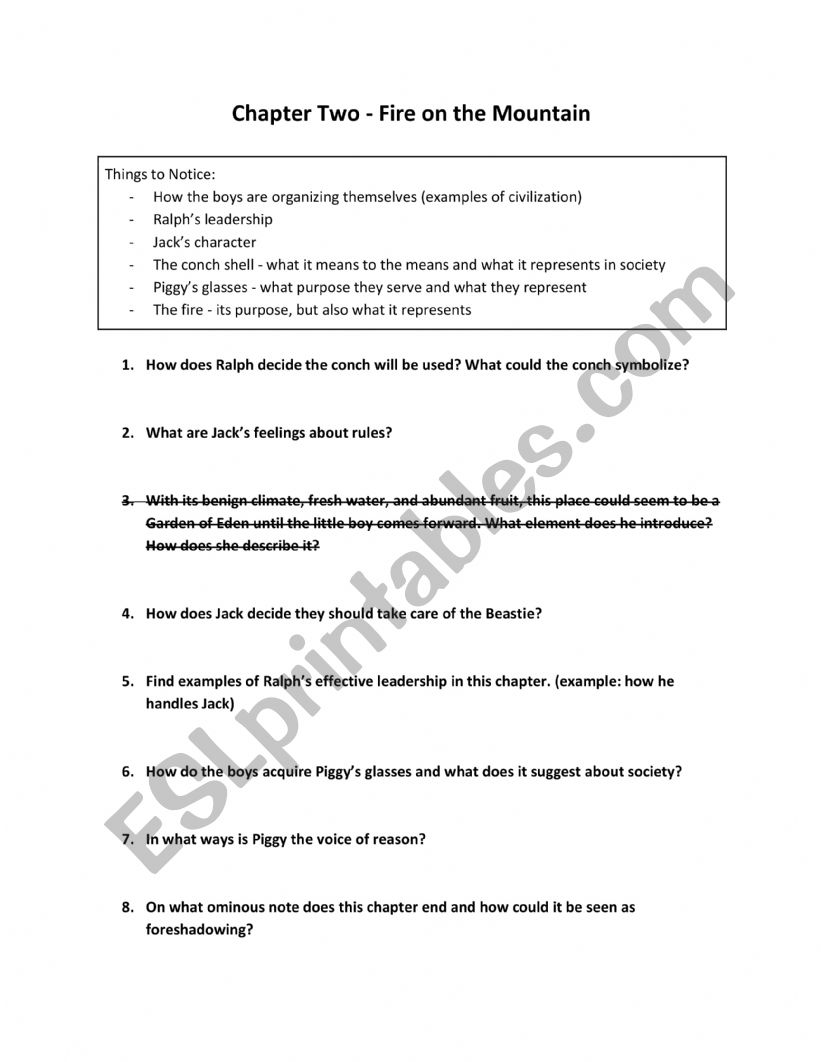 Lord of the Flies Comprehension Questions - ESL worksheet by emtowsley
