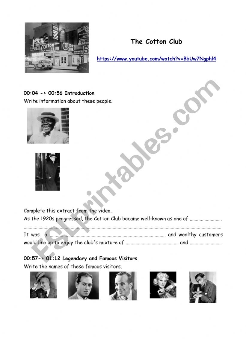 Worksheet about a video (the History of the Cotton Club)