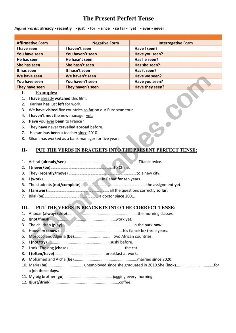 THE PRESENT PERFECT TENSE worksheet