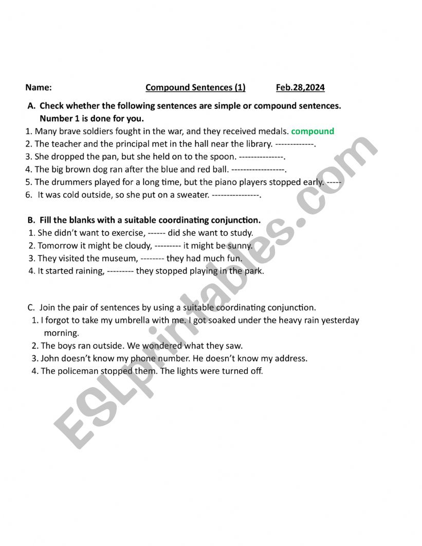 Compound sentences worksheet