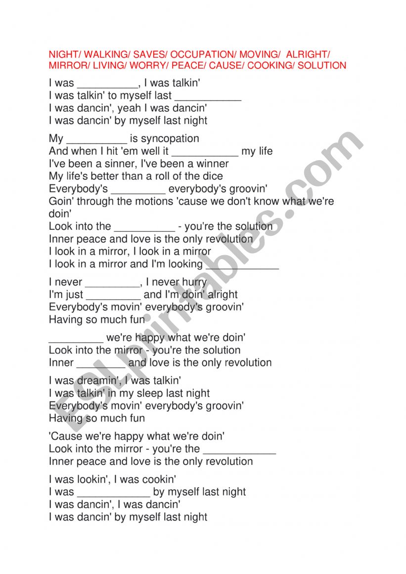 song worksheet