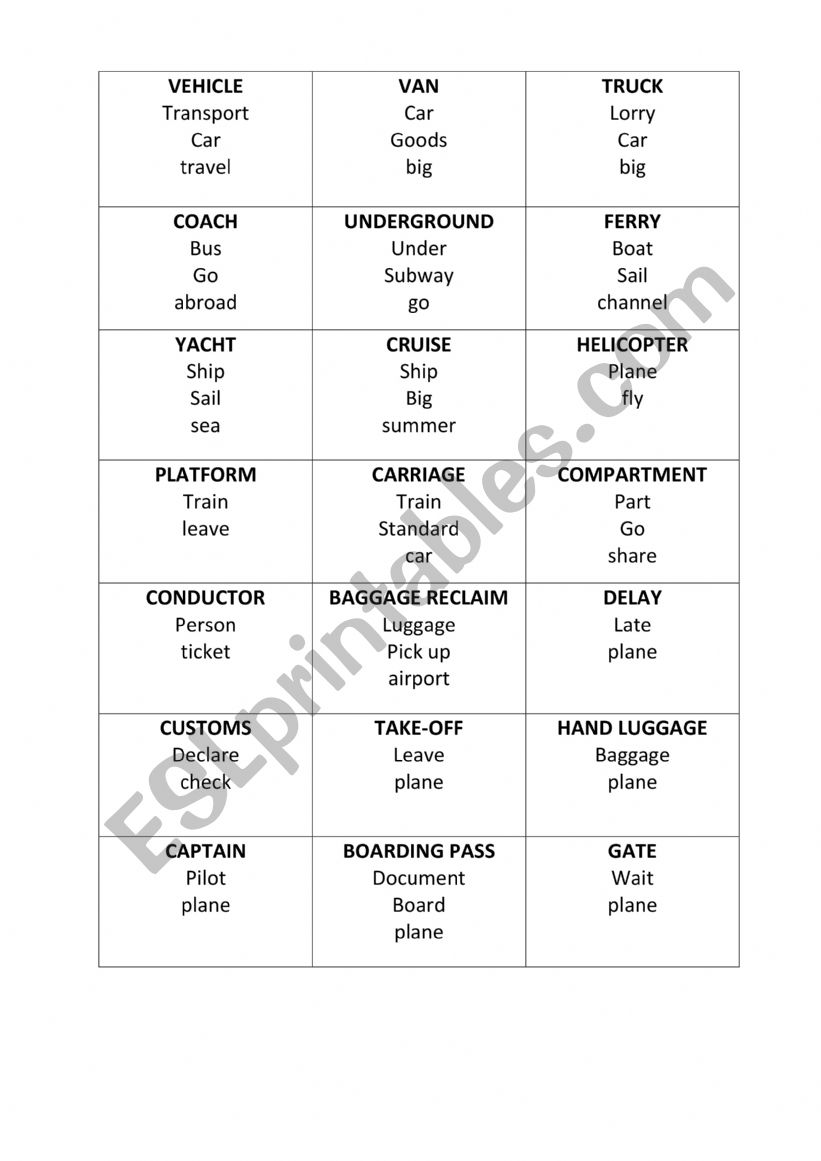 Taboo game: transport worksheet