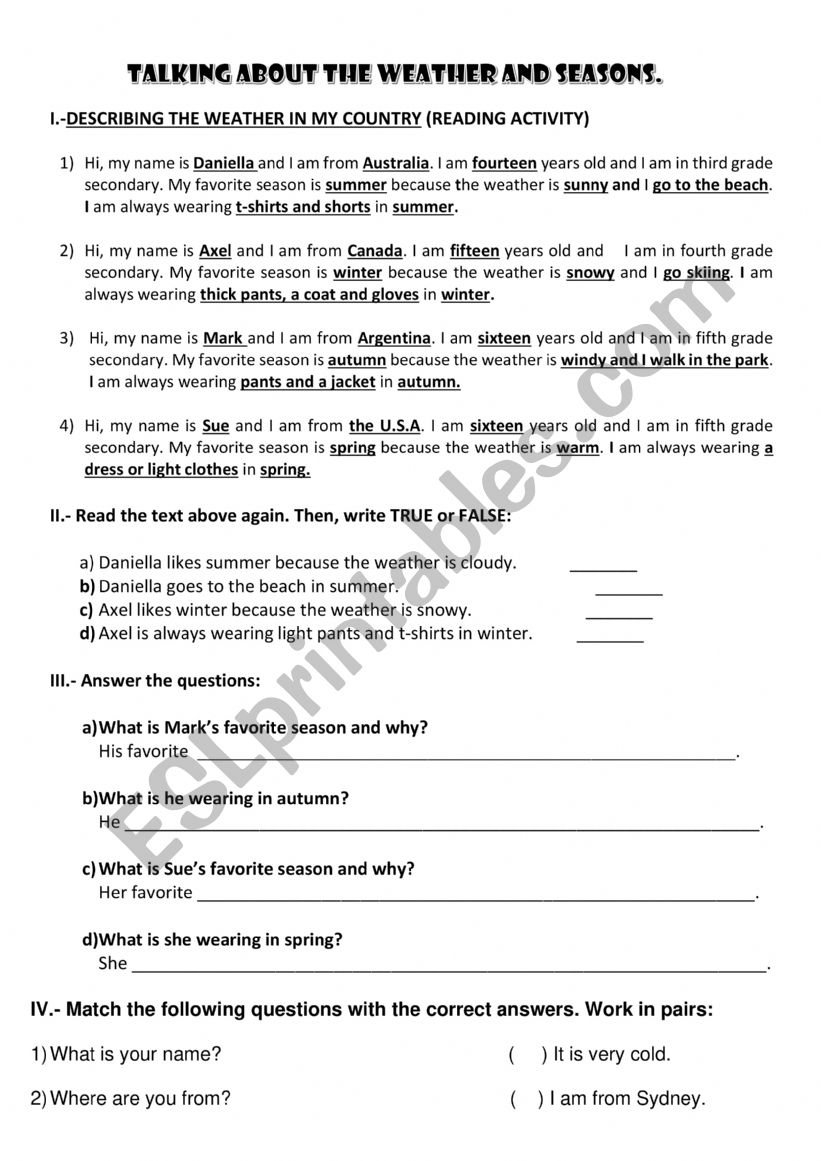 WEATHER AND SEASONS READING worksheet