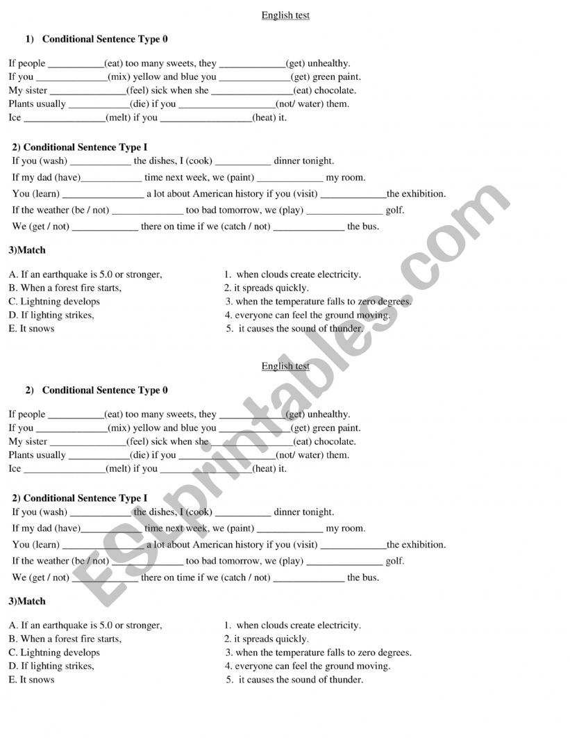 Zero and First Conditionals worksheet