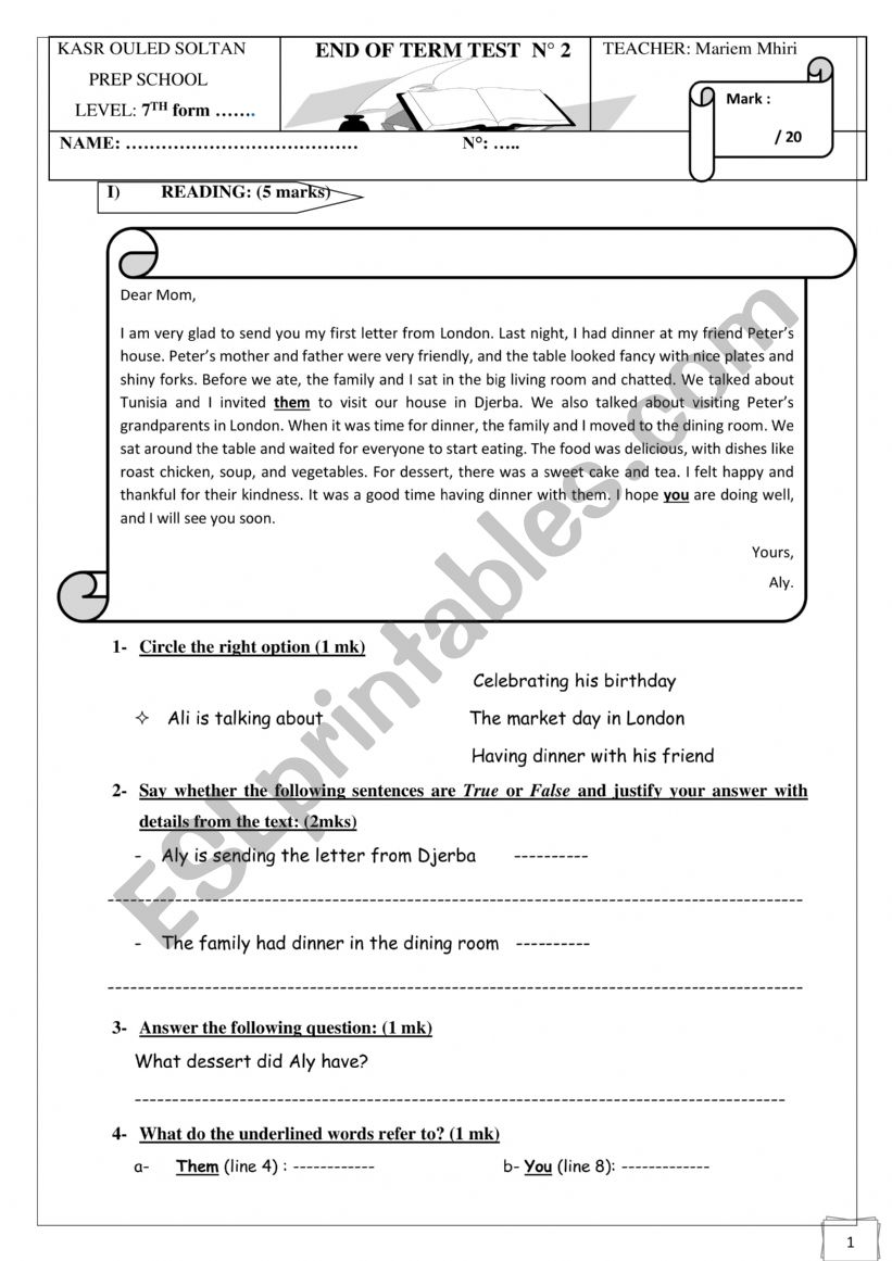 End of Term Test N2  worksheet