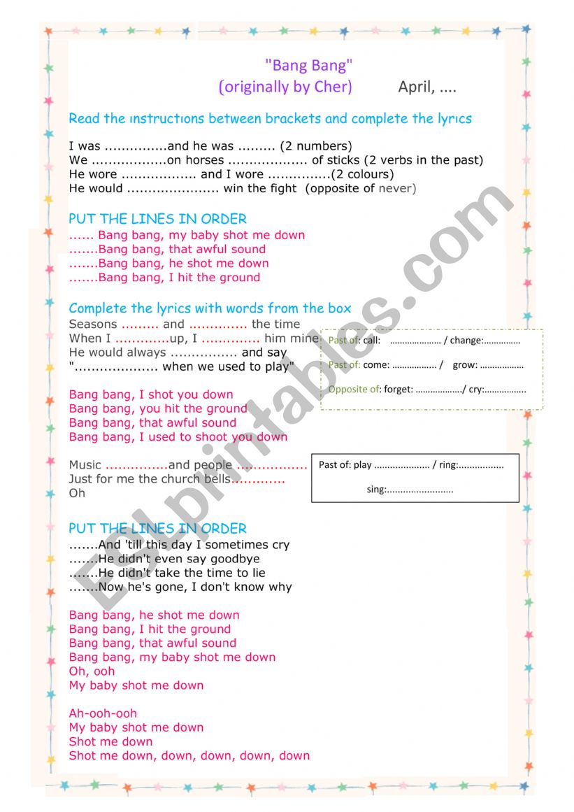 BANG, BANG DUA LIPA worksheet