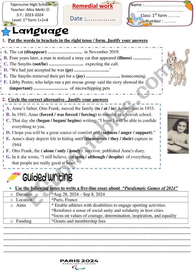Remedial work 1st form worksheet