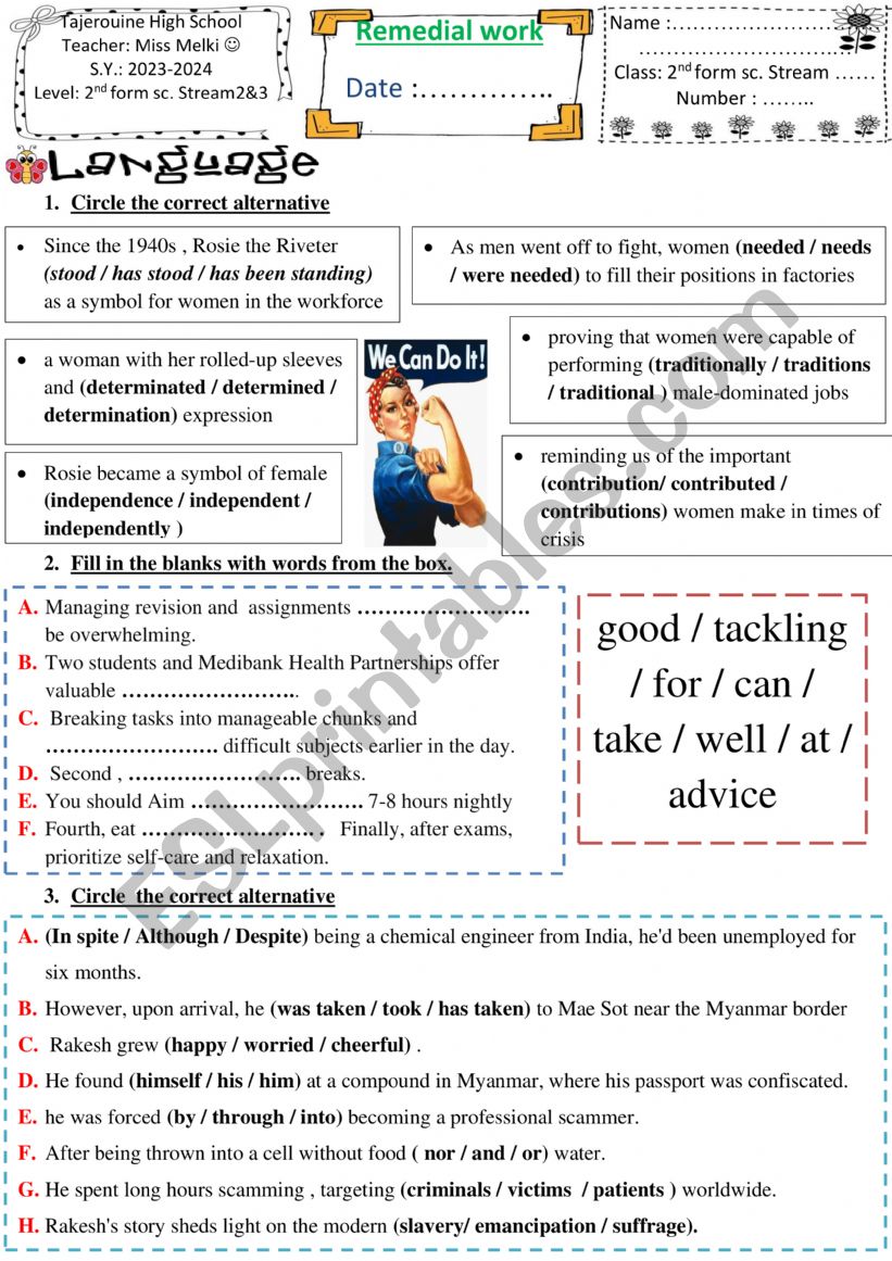 Remedial work 2nd form worksheet