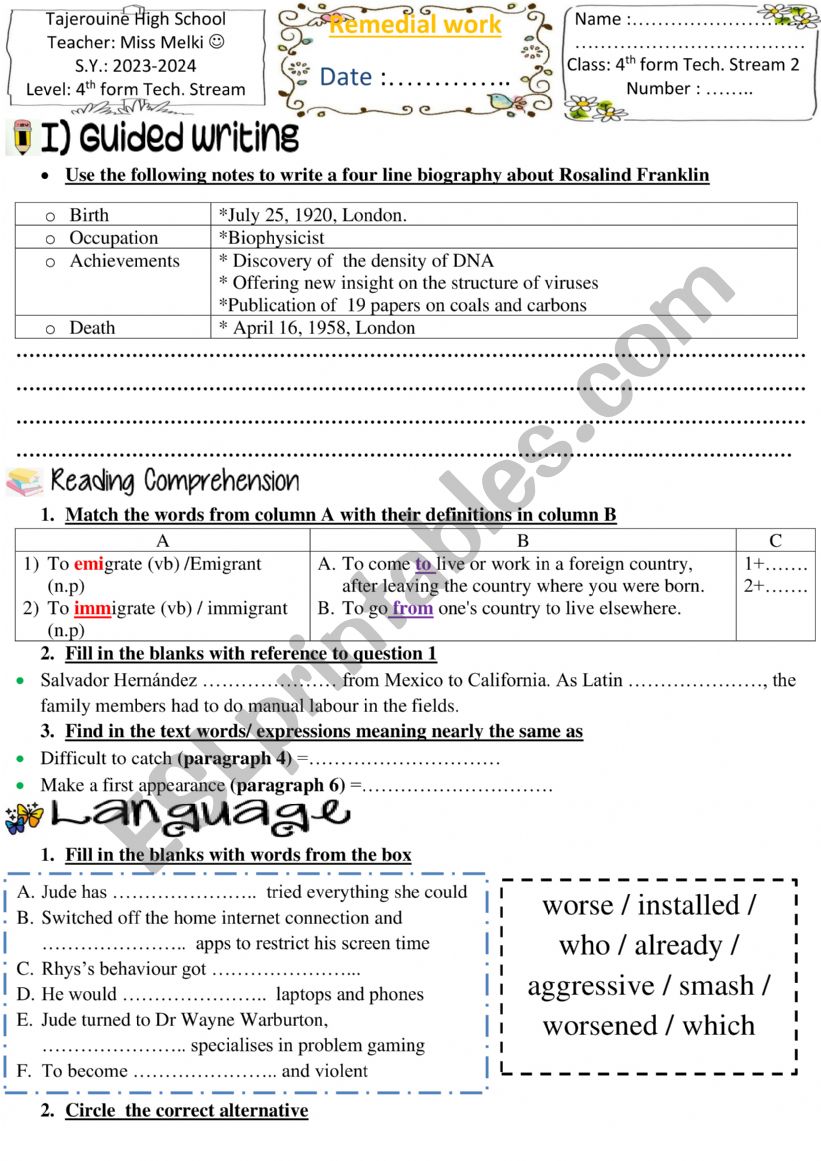 remedial work 4th form worksheet