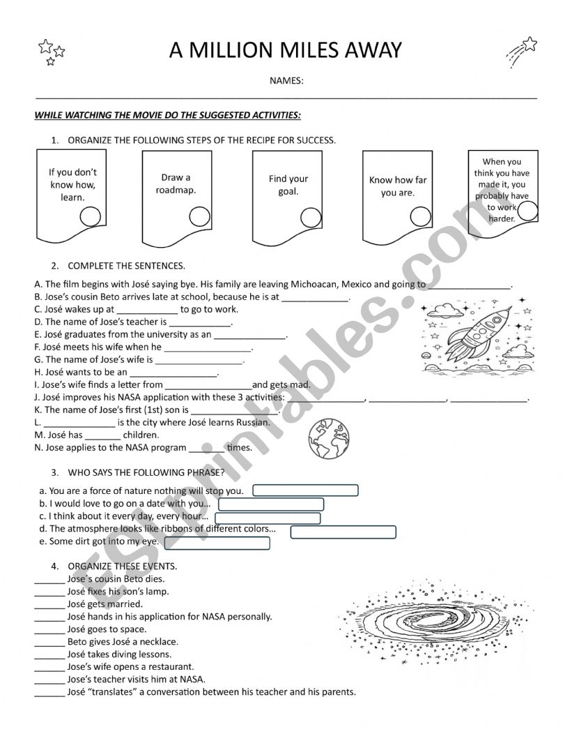 A MILLION MILES AWAY worksheet