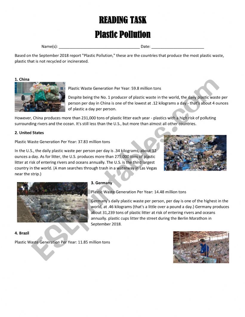 Plastic polution worksheet