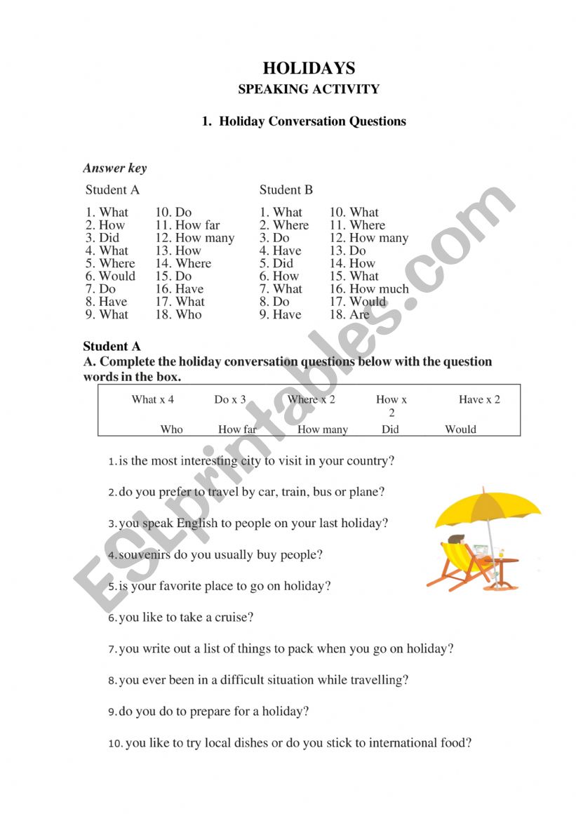 Holidays_ speaking activity worksheet