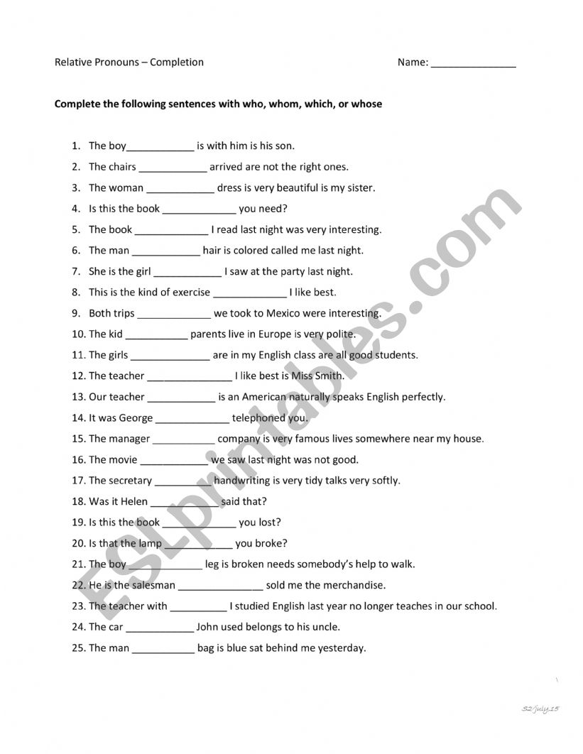 RELATIVE PRONOUNS - COMPLETION
