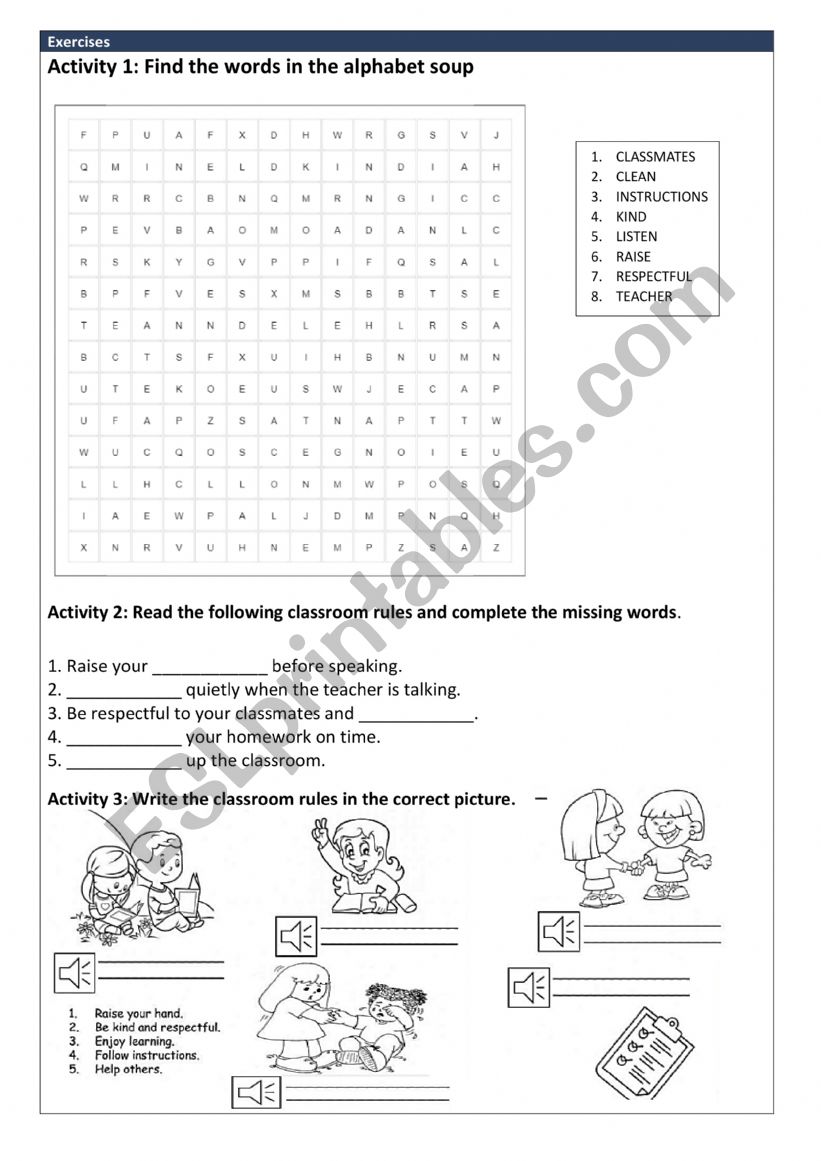 CLASSROOM RULES worksheet