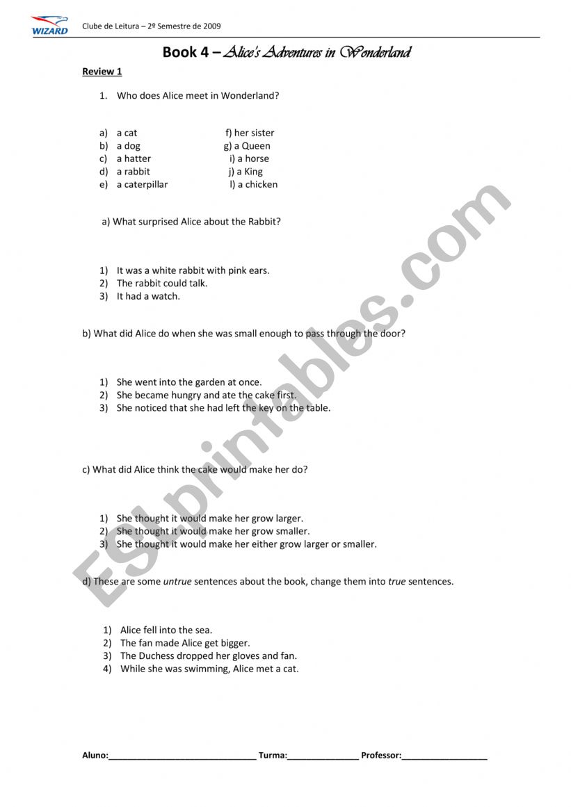 Alice in Wonderland questions worksheet