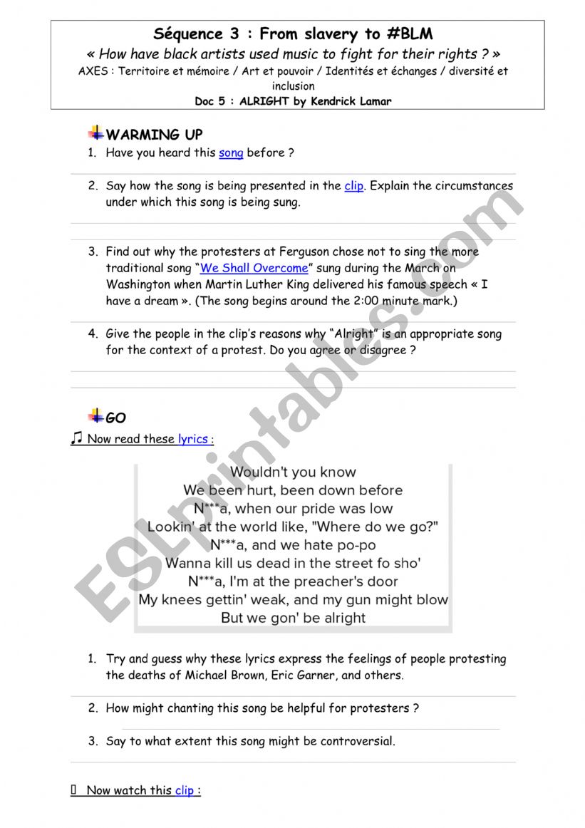 Alright by Kendrick Lamar worksheet