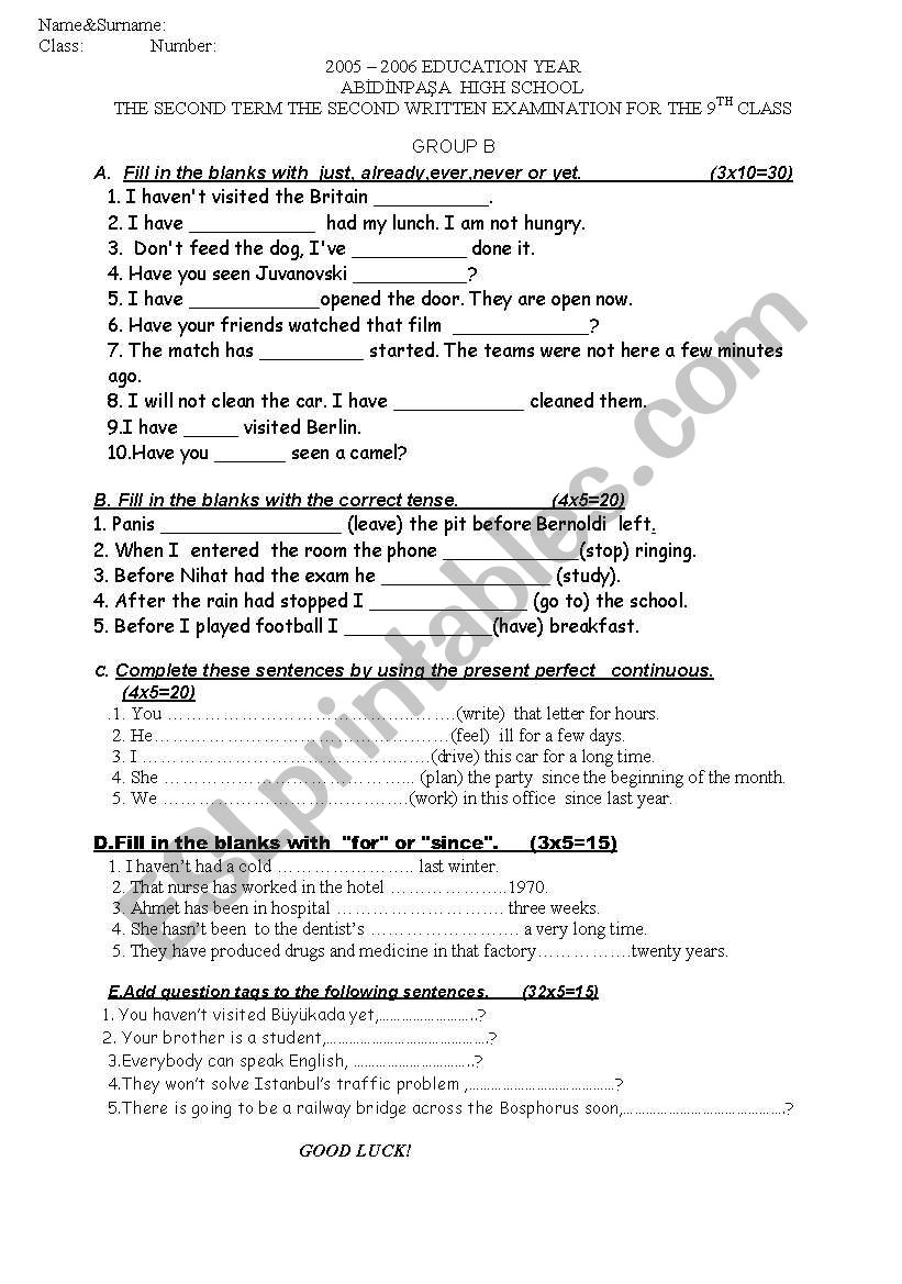 exercises worksheet