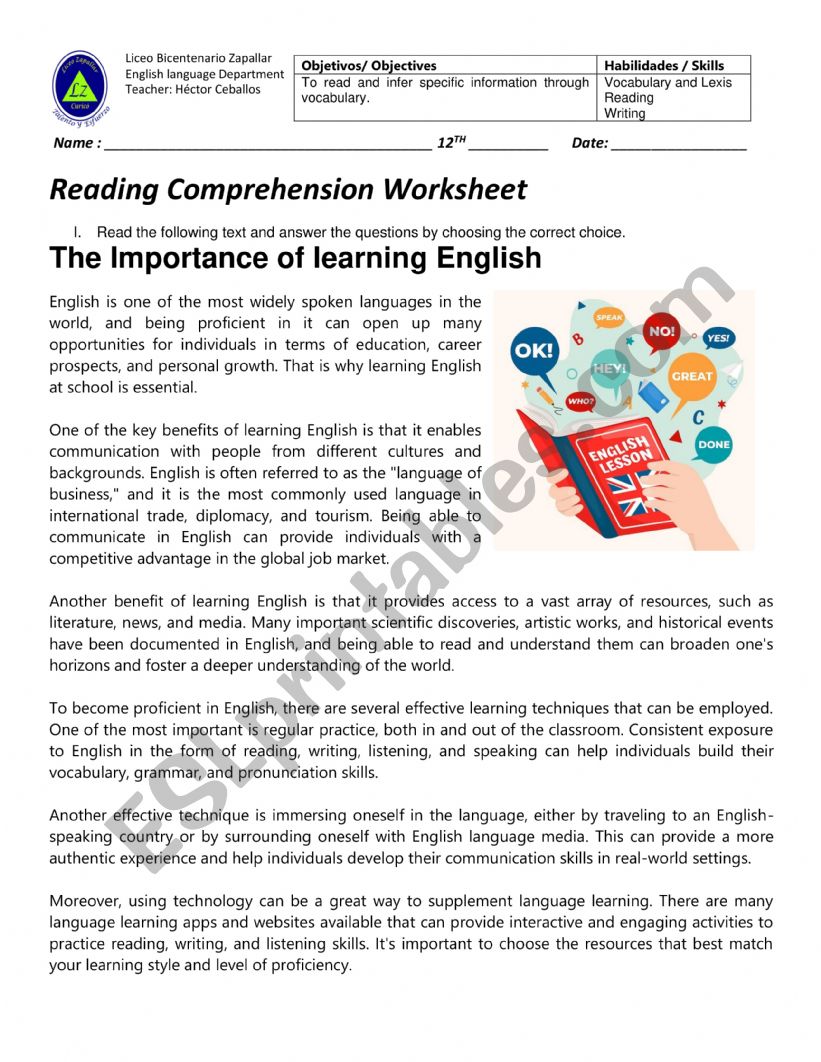 Reading - The importance of learning English