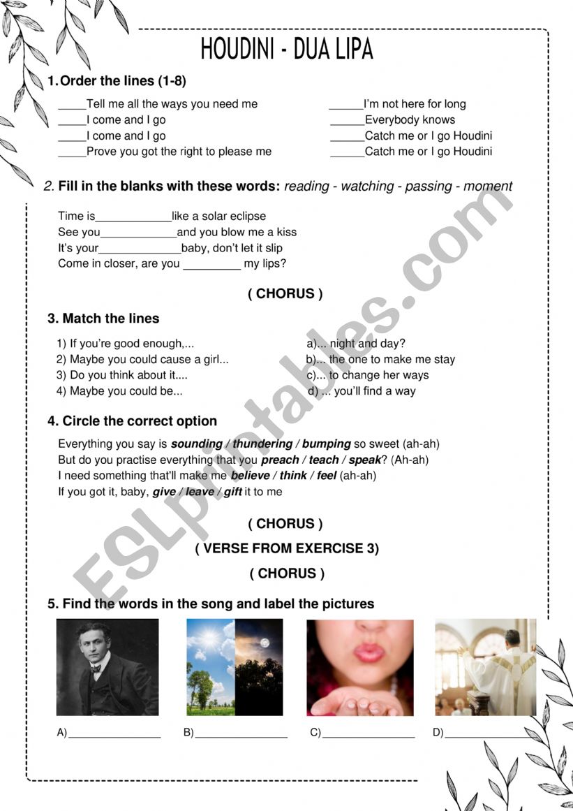 Houdini - Dua Lipa worksheet