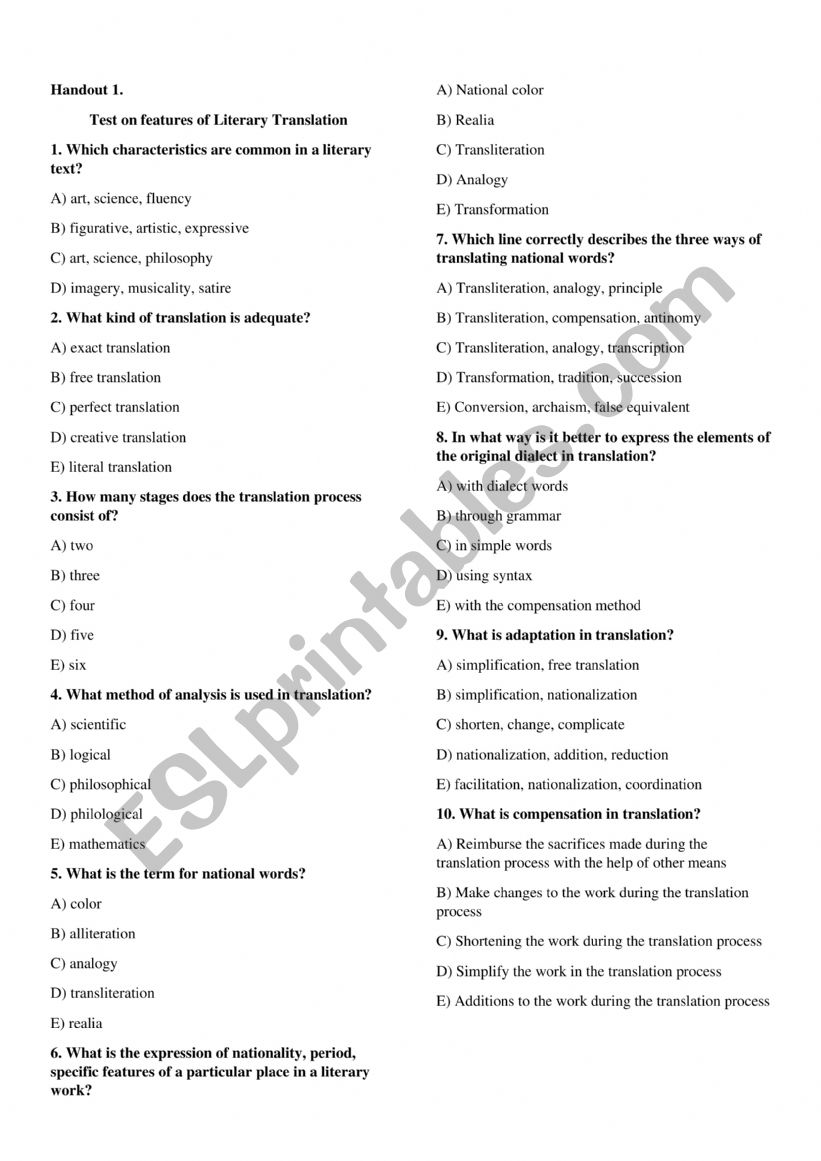 Test on features of Literary Translation