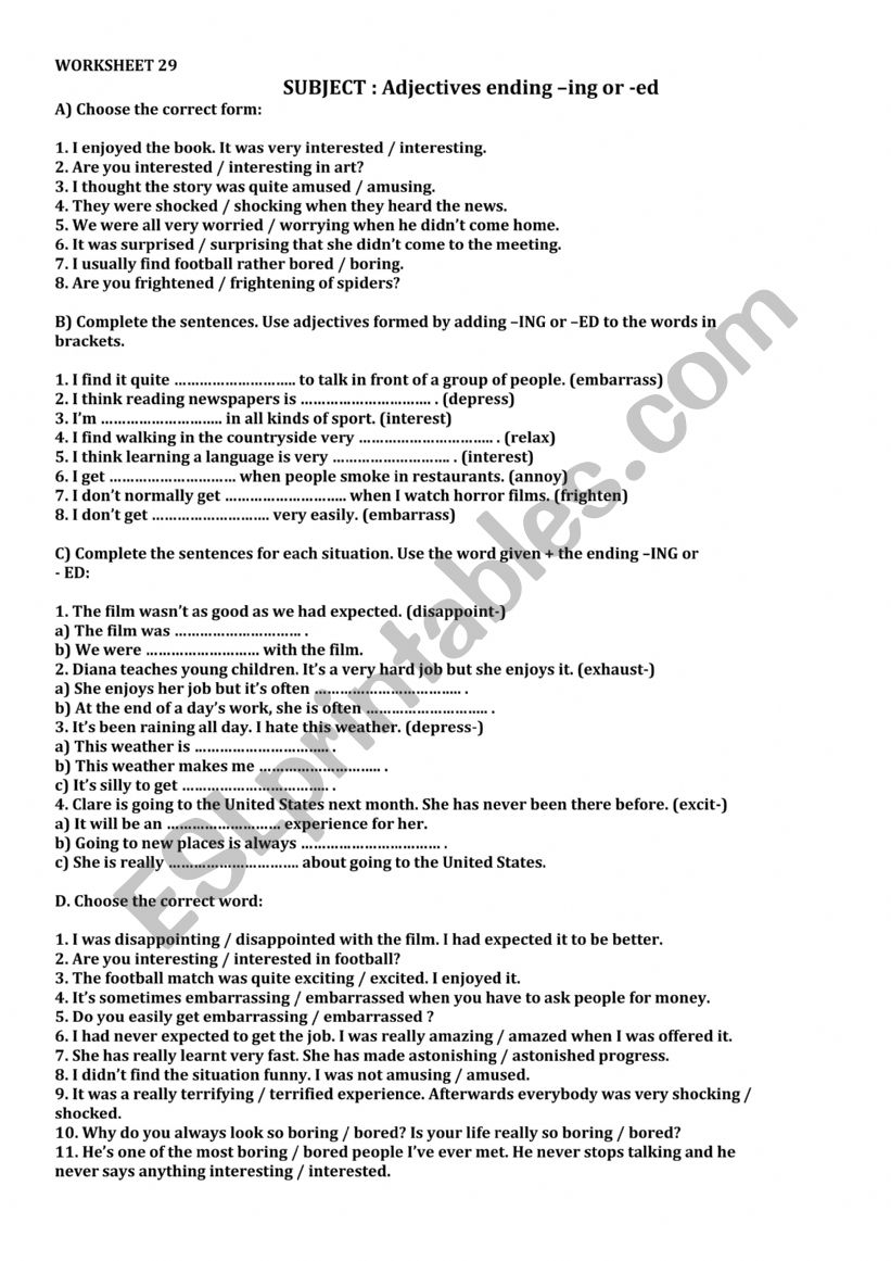 Adjectives ED and ING  worksheet