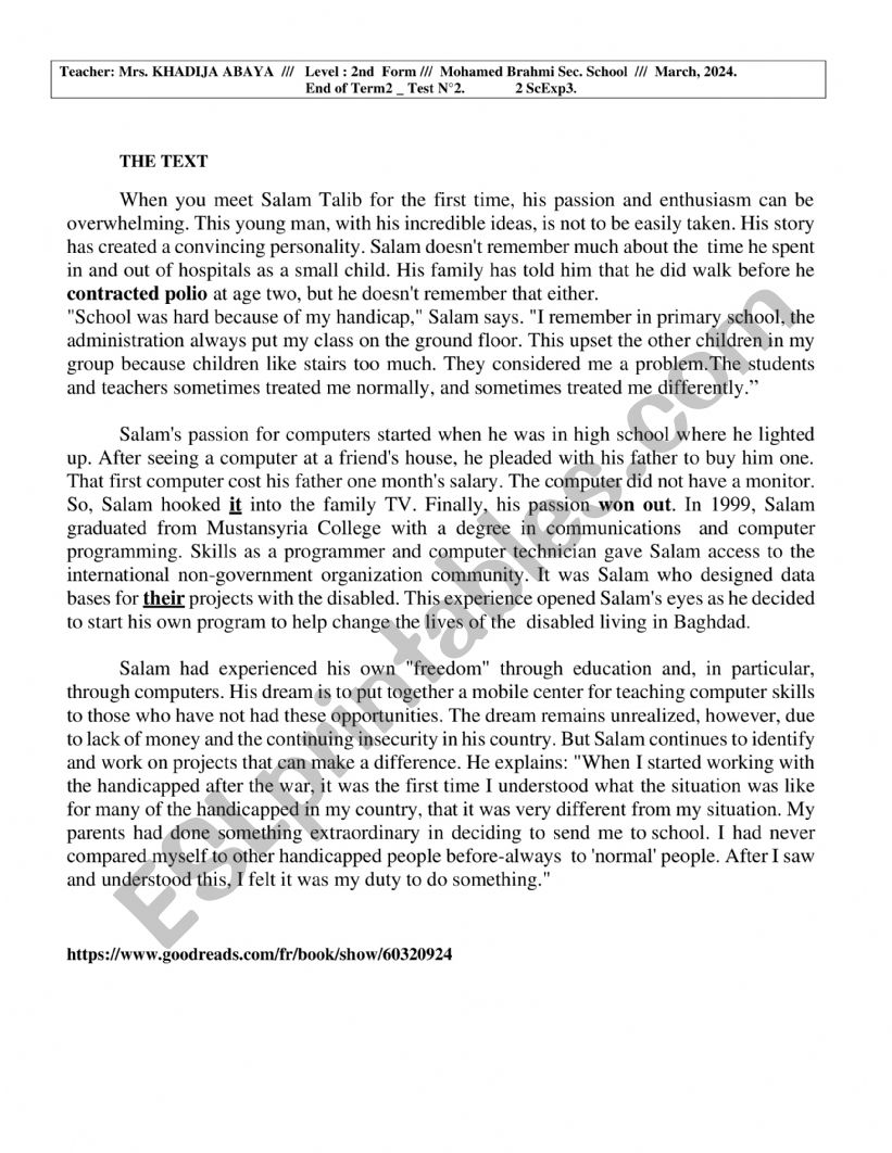 end of term test N2 worksheet