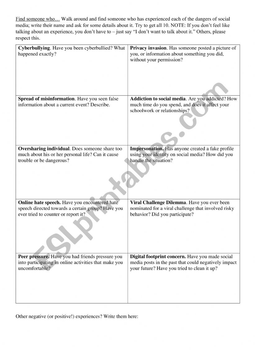 Speaking Activity: Social Media Dangers Find Someone Who