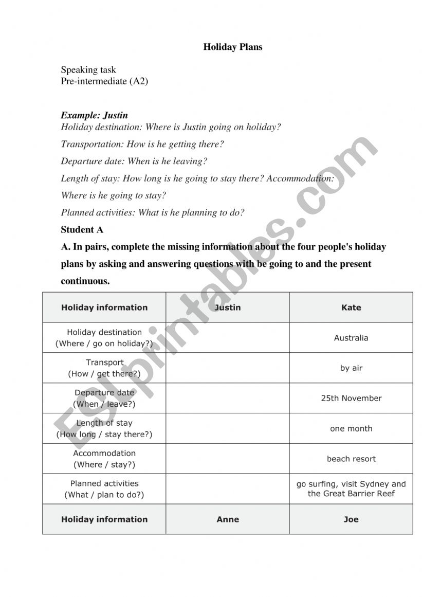 Holiday Plans worksheet