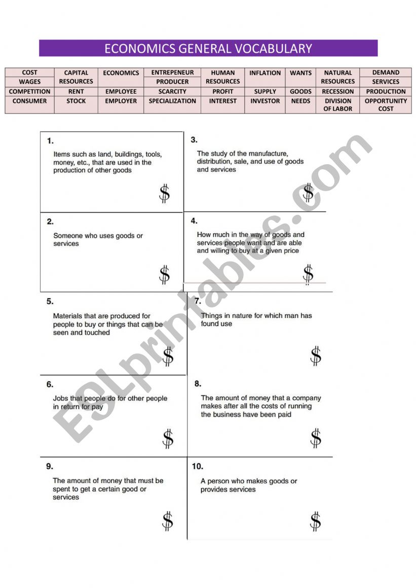 BUSINESS VOCABULARY GAME worksheet