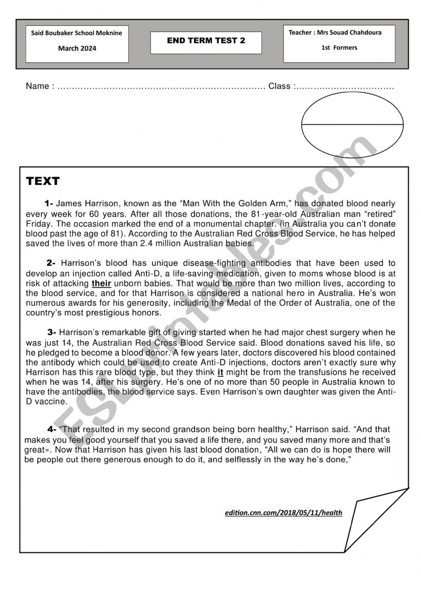 END TERM 2 TEST 1ST FORM TUNISIAN EDUCATION