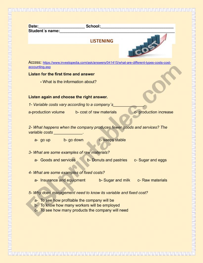 Variable costs worksheet