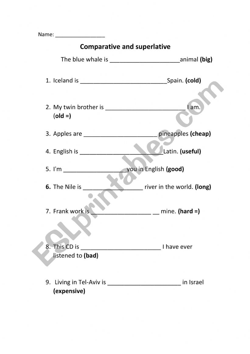 Comparative and Superlative worksheet