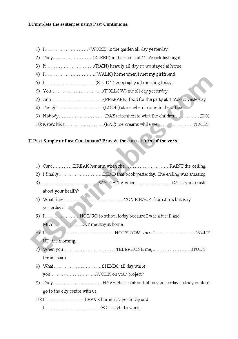 Past continuous worksheet