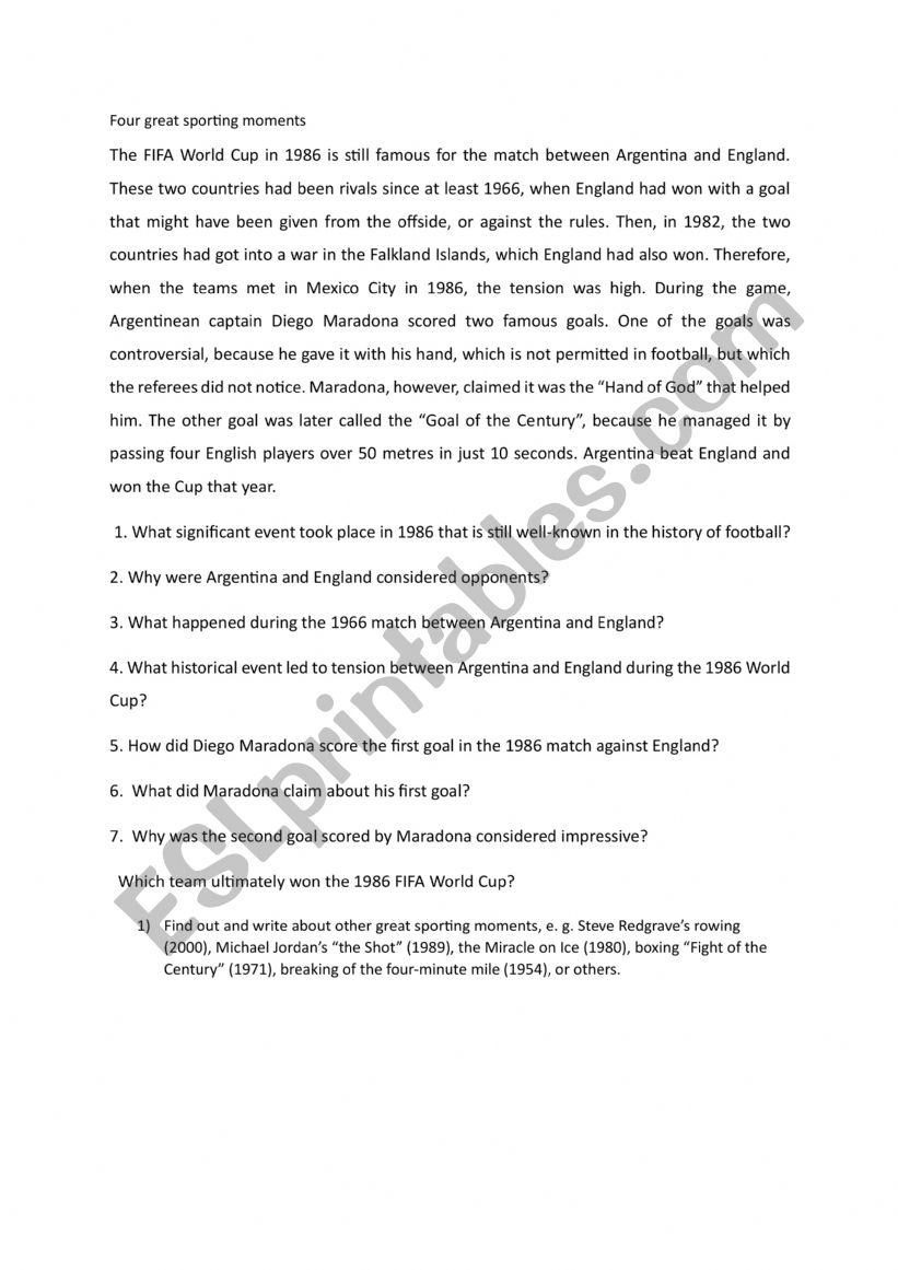 Sport moments worksheet