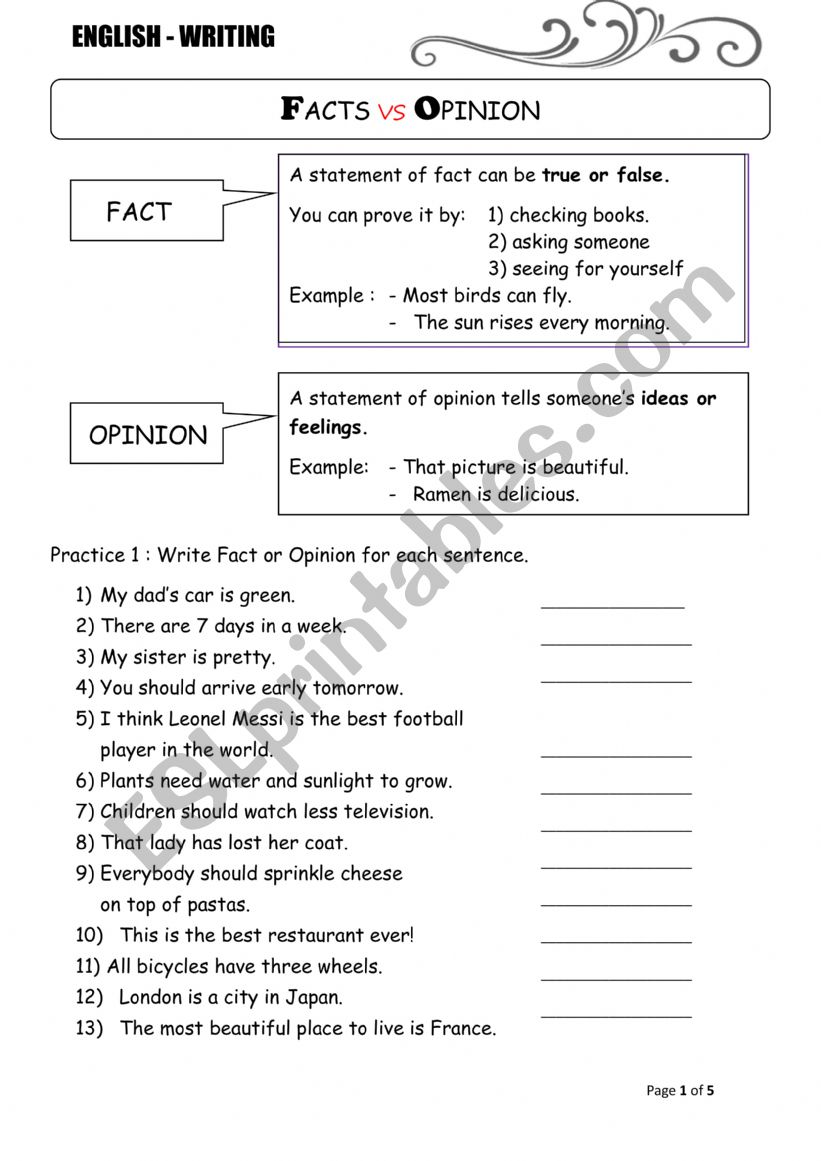 Fact vs Opinion worksheet