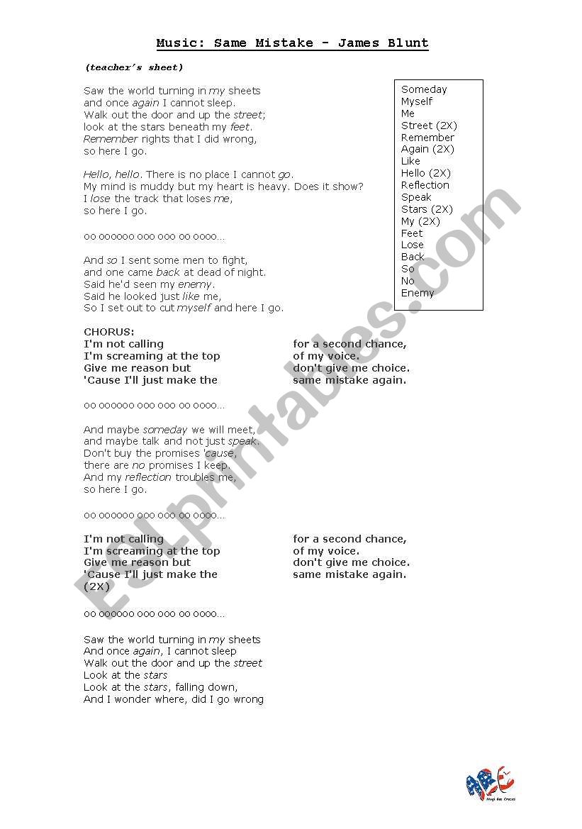 Same Mistake - James Blunt worksheet