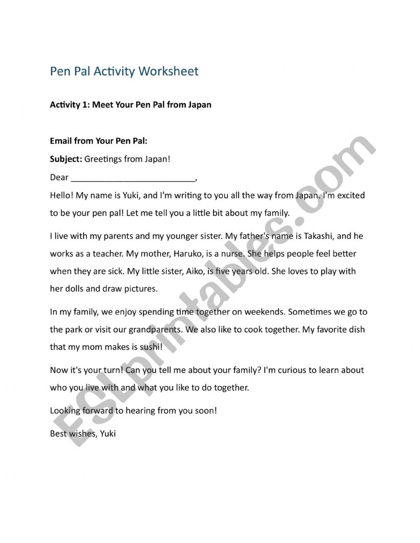 Pen Pal Activity - Family Member Vocabulary Practice