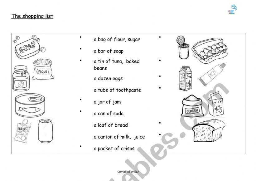 Shopping list worksheet