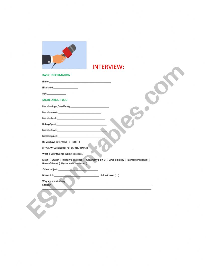 STUDENTS INTERVIEW worksheet