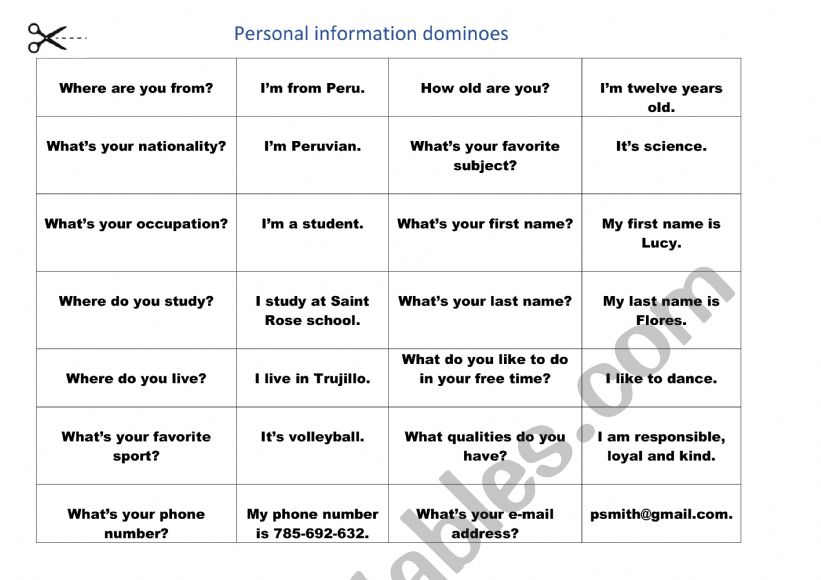 Personal information worksheet