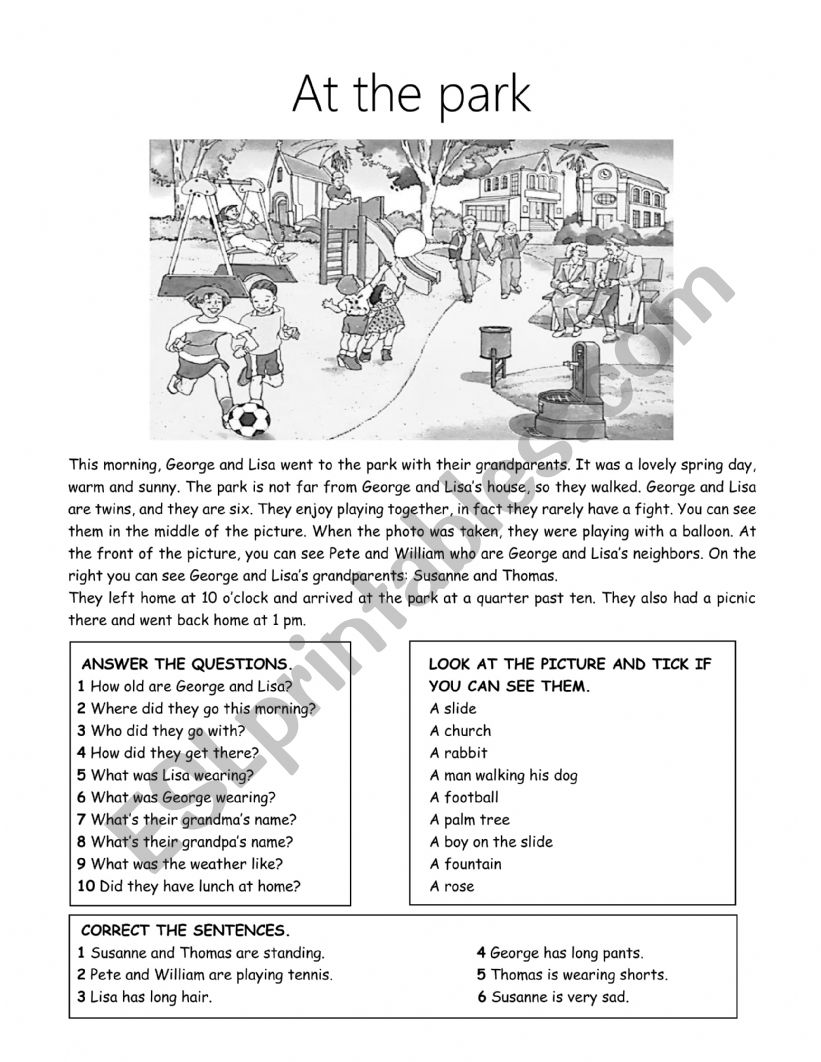 at the park worksheet